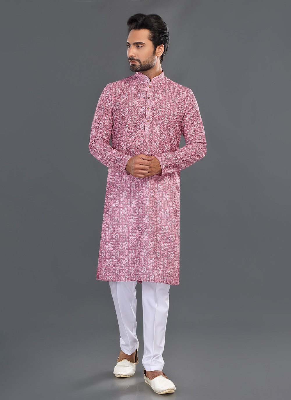 Printed Cotton Off White, Pink Kurta Pyjama - M8085