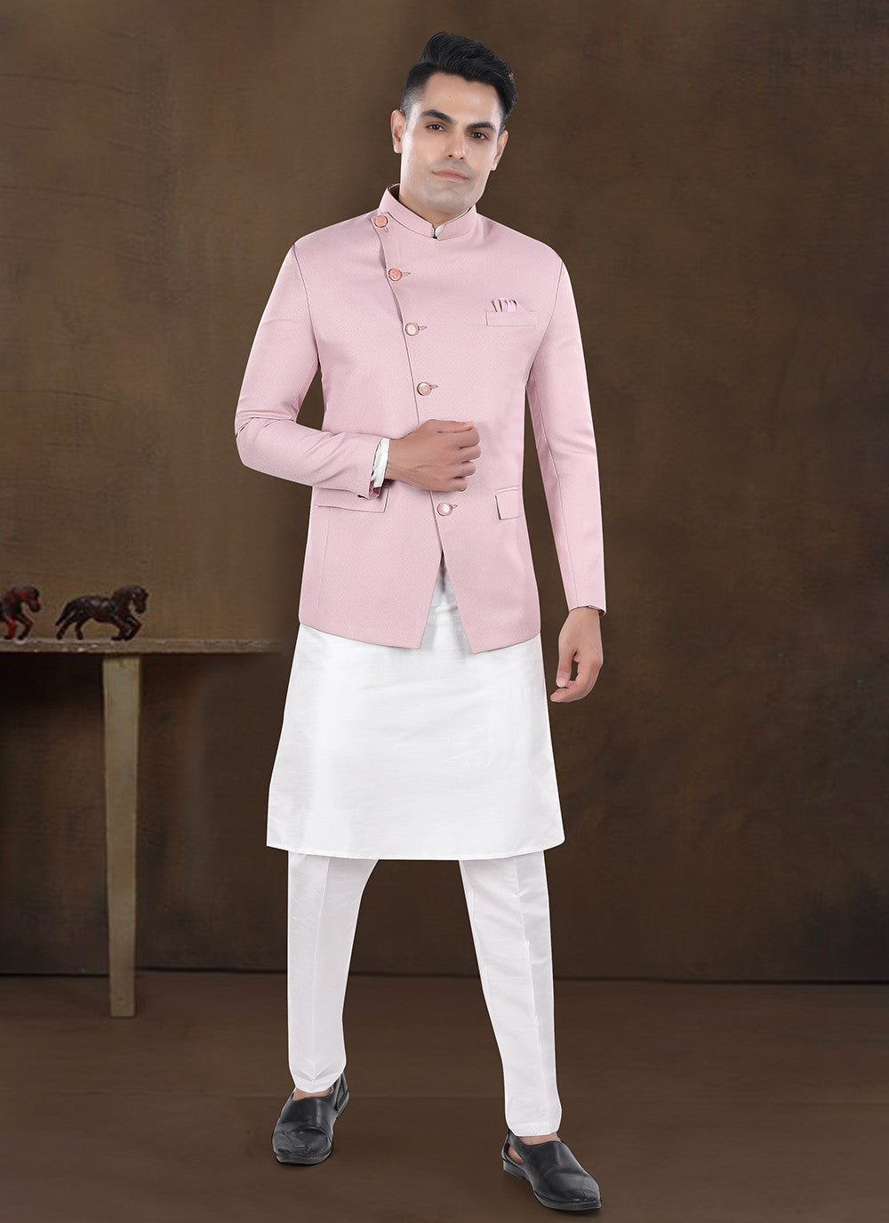 Plain Silk, Viscose Off White, Pink Kurta Payjama With Jacket - M8213