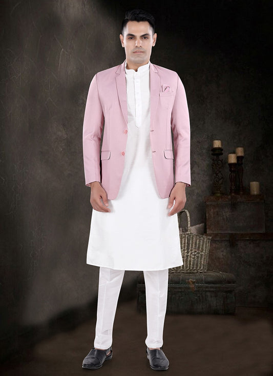 Plain Silk, Viscose Off White, Pink Kurta Payjama With Jacket - M8173