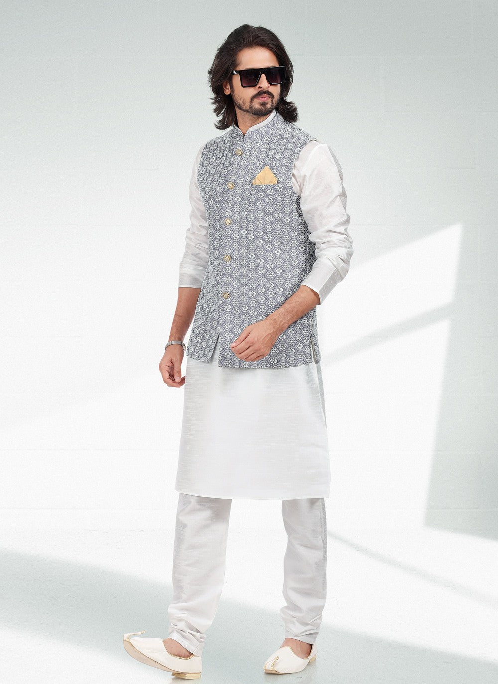 Thread Banarasi Silk Off White, Purple Kurta Payjama With Jacket - M4614