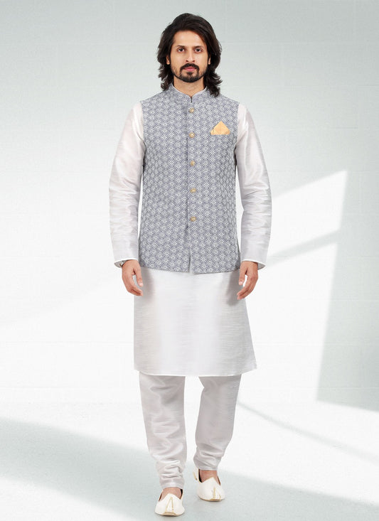 Thread Banarasi Silk Off White, Purple Kurta Payjama With Jacket - M4614