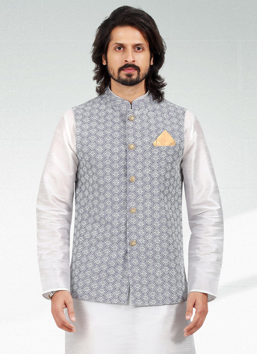 Thread Banarasi Silk Off White, Purple Kurta Payjama With Jacket - M4614