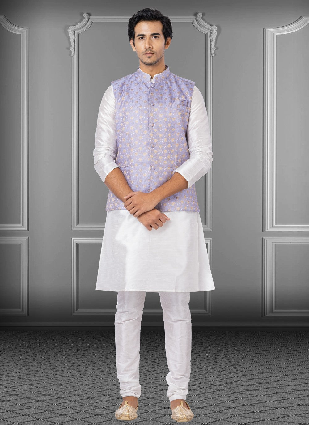 Fancy Work Dupion Silk, Linen Off White, Purple Kurta Payjama With Jacket - M3775