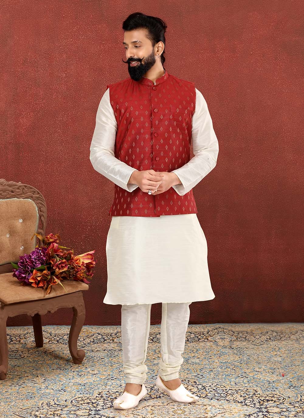 Jacquard Work Cotton Off White, Red Kurta Payjama With Jacket - M2568