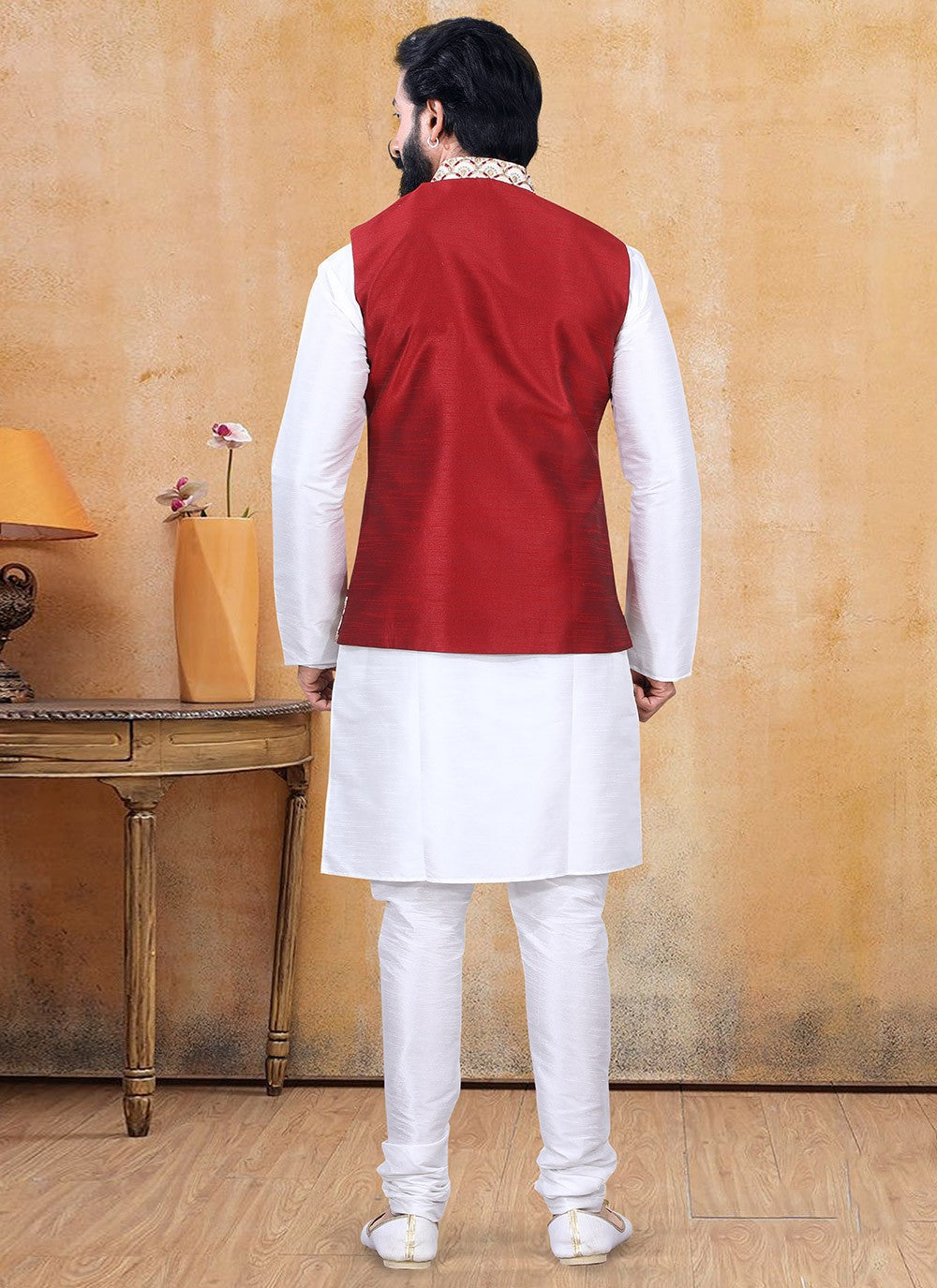 Fancy Work Silk Off White, Red Kurta Payjama With Jacket - M3354