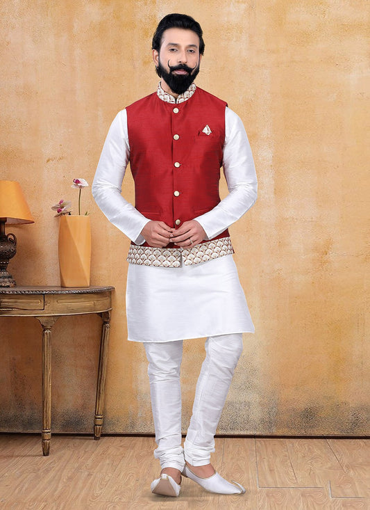 Fancy Work Silk Off White, Red Kurta Payjama With Jacket - M3354