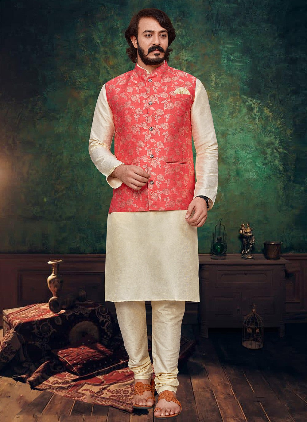 Jacquard Work Art Silk Off White, Pink Kurta Payjama With Jacket - M2424