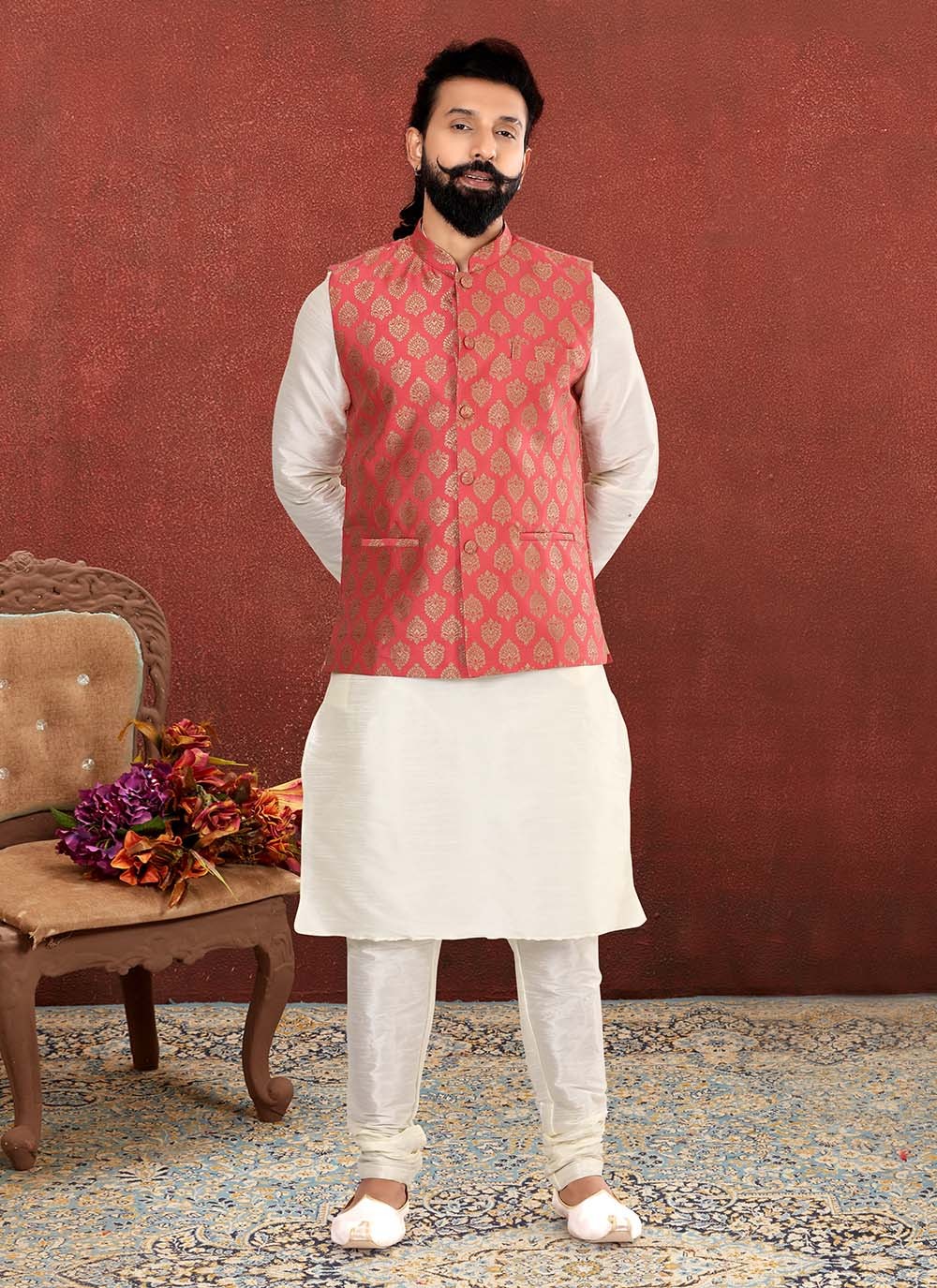 Jacquard Work Jacquard Silk Off White, Pink Kurta Payjama With Jacket - M2566