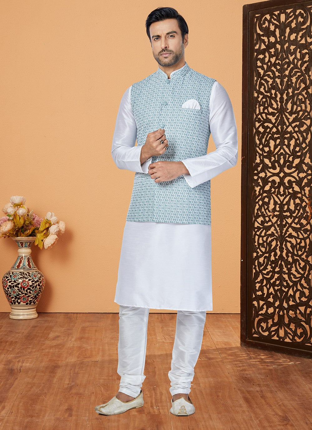 Fancy Work Banarasi Silk Off White, Sea Green Kurta Payjama With Jacket - M5316