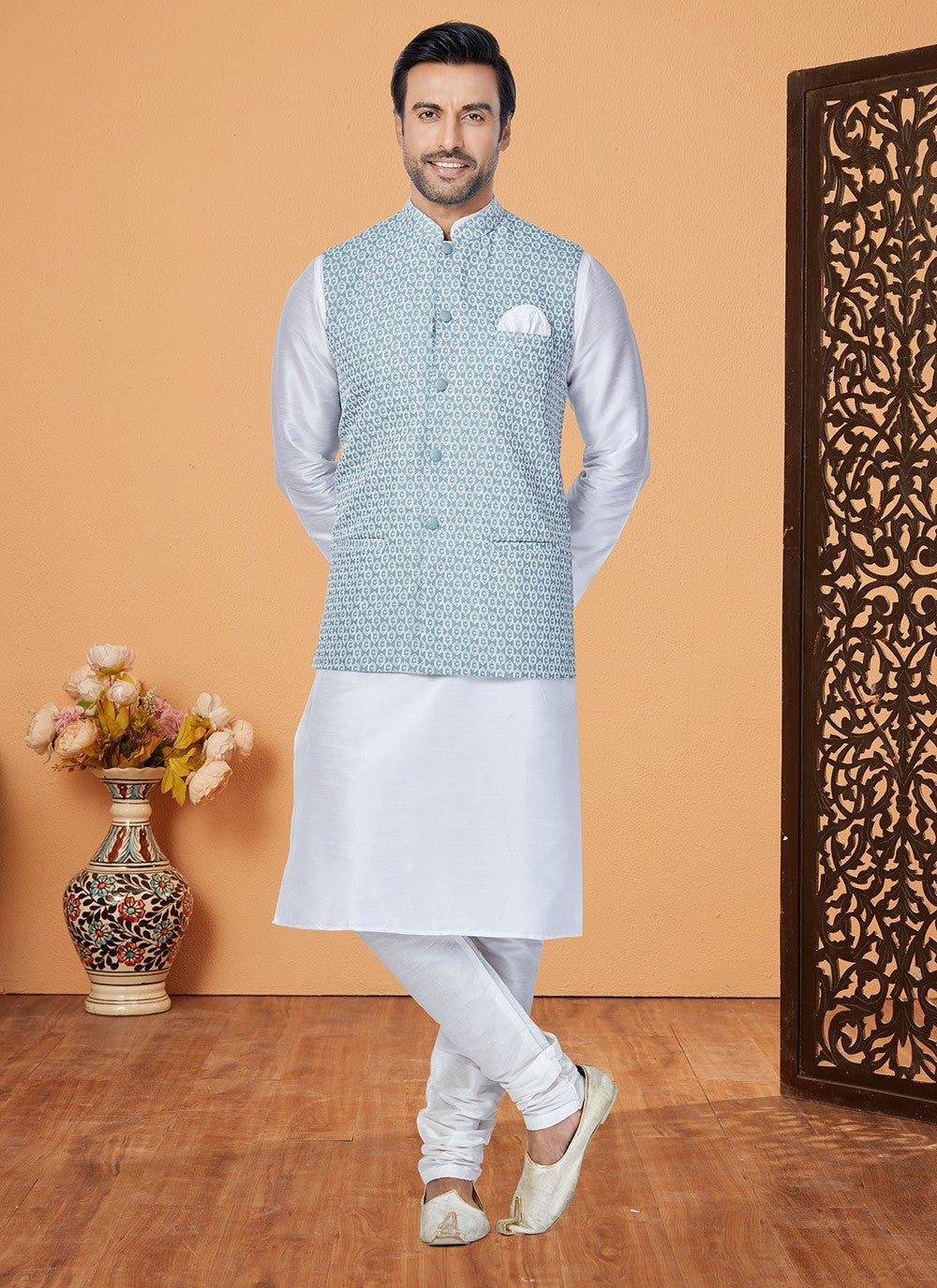 Fancy Work Banarasi Silk Off White, Sea Green Kurta Payjama With Jacket - M5316