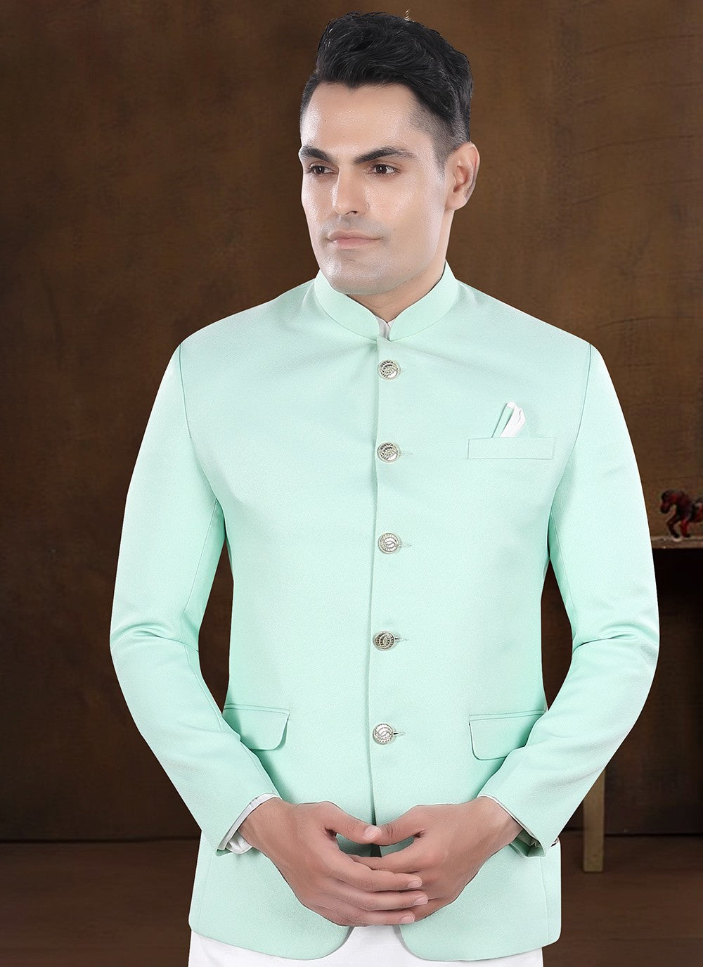 Plain Silk, Viscose Off White, Sea Green Kurta Payjama With Jacket - M8211