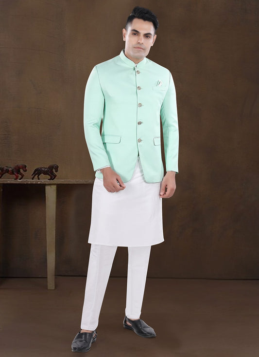 Plain Silk, Viscose Off White, Sea Green Kurta Payjama With Jacket - M8211