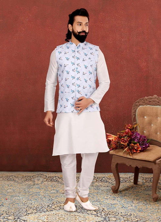 Printed Cotton Silk , Dupion Silk Off White, Silver Kurta Payjama With Jacket - M2542