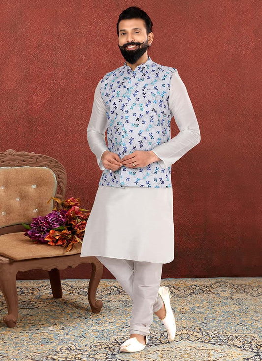 Printed Cotton Off White, Silver Kurta Payjama With Jacket - M2556