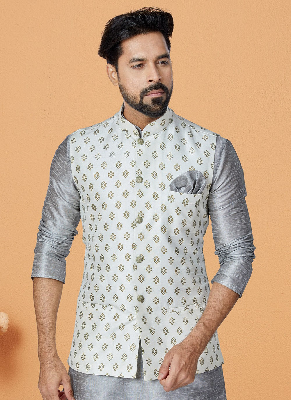 Fancy Work Dupion Silk Off White, Silver Kurta Payjama With Jacket - M5500