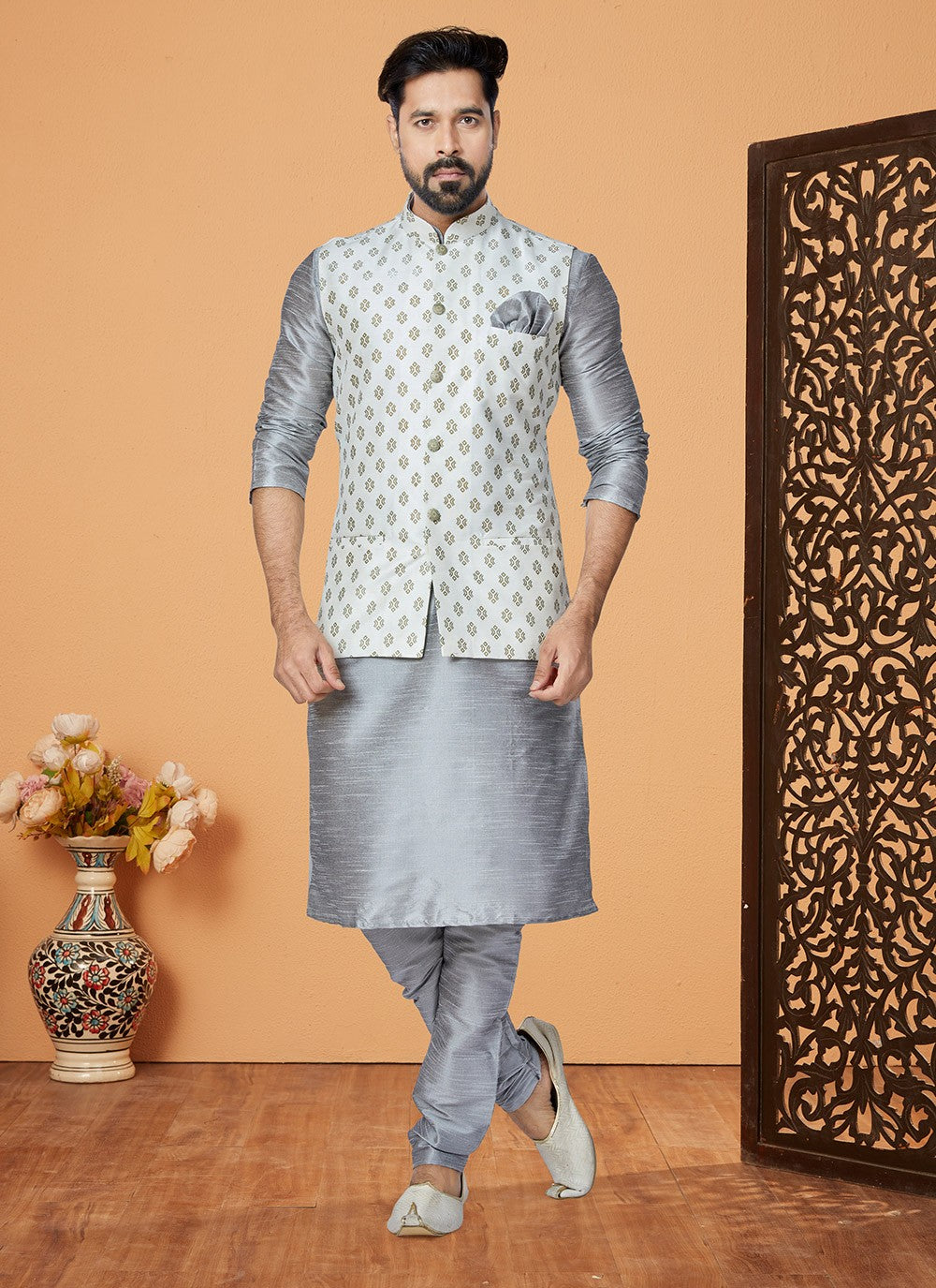 Fancy Work Dupion Silk Off White, Silver Kurta Payjama With Jacket - M5500