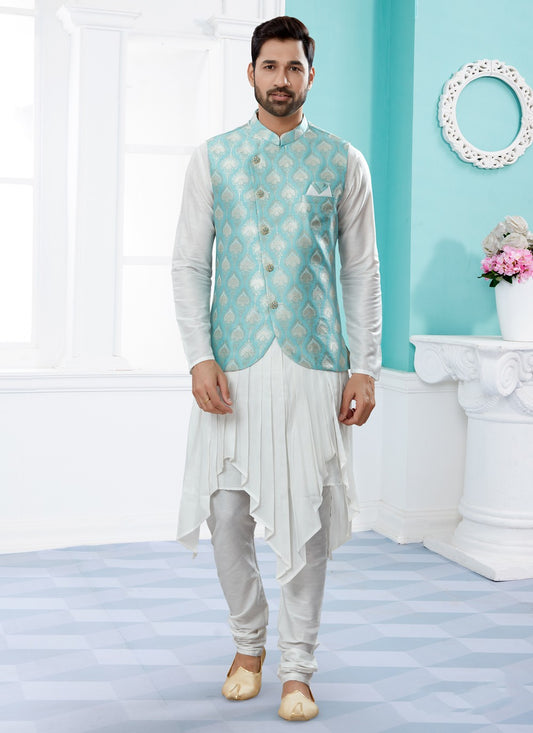 Jacquard Work Banarasi Silk, Dupion Silk Off White, Turquoise Indo Western - M4039