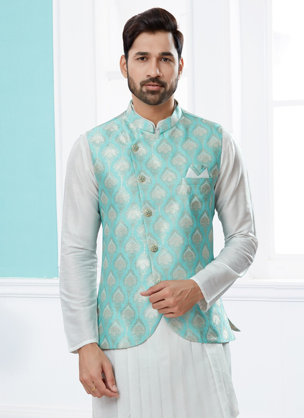 Jacquard Work Banarasi Silk, Dupion Silk Off White, Turquoise Indo Western - M4041