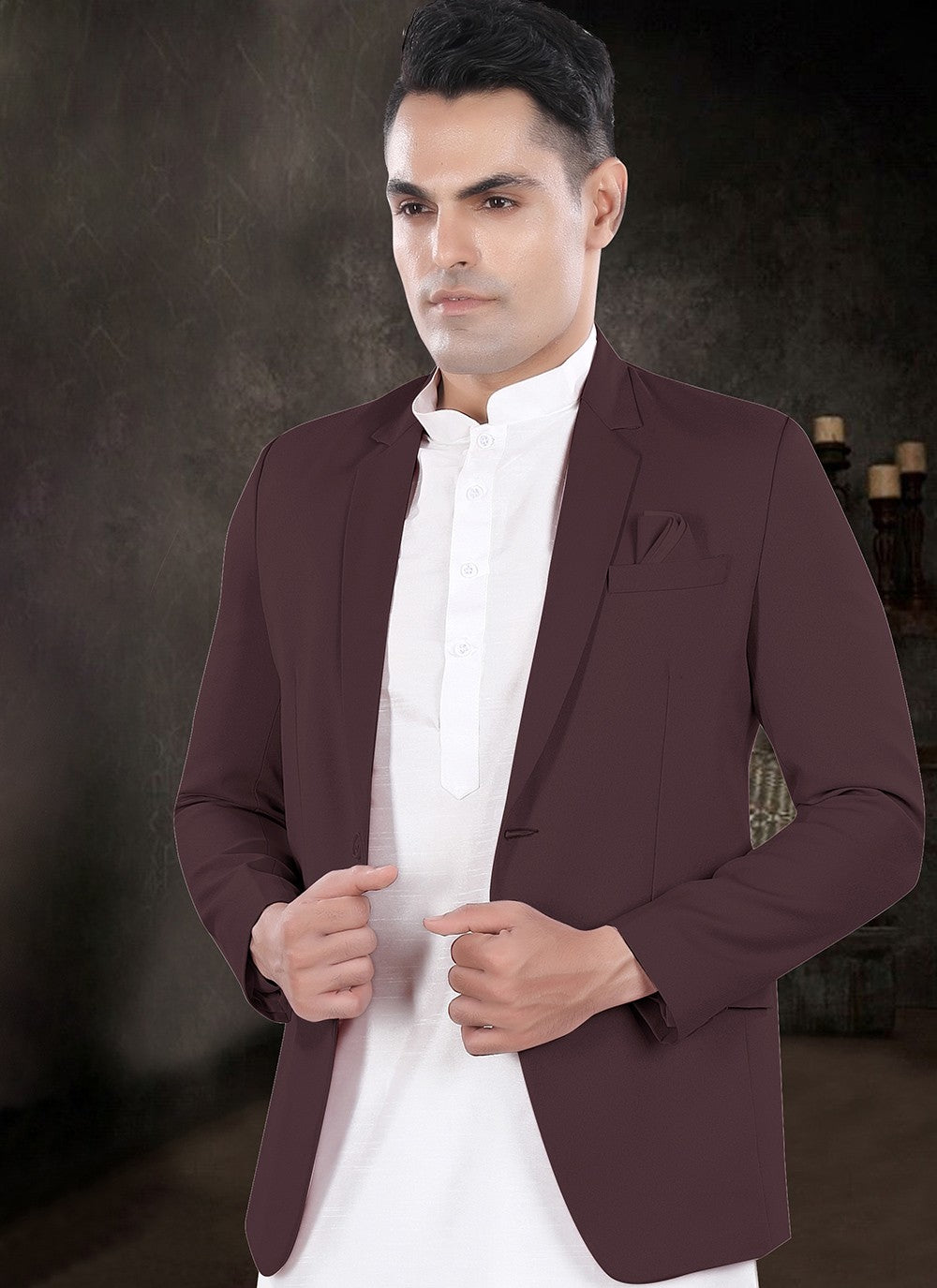 Plain Silk, Viscose Off White, Wine Kurta Payjama With Jacket - M8161