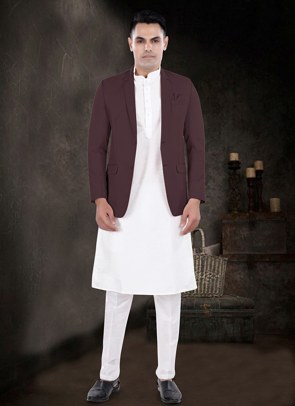 Plain Silk, Viscose Off White, Wine Kurta Payjama With Jacket - M8161