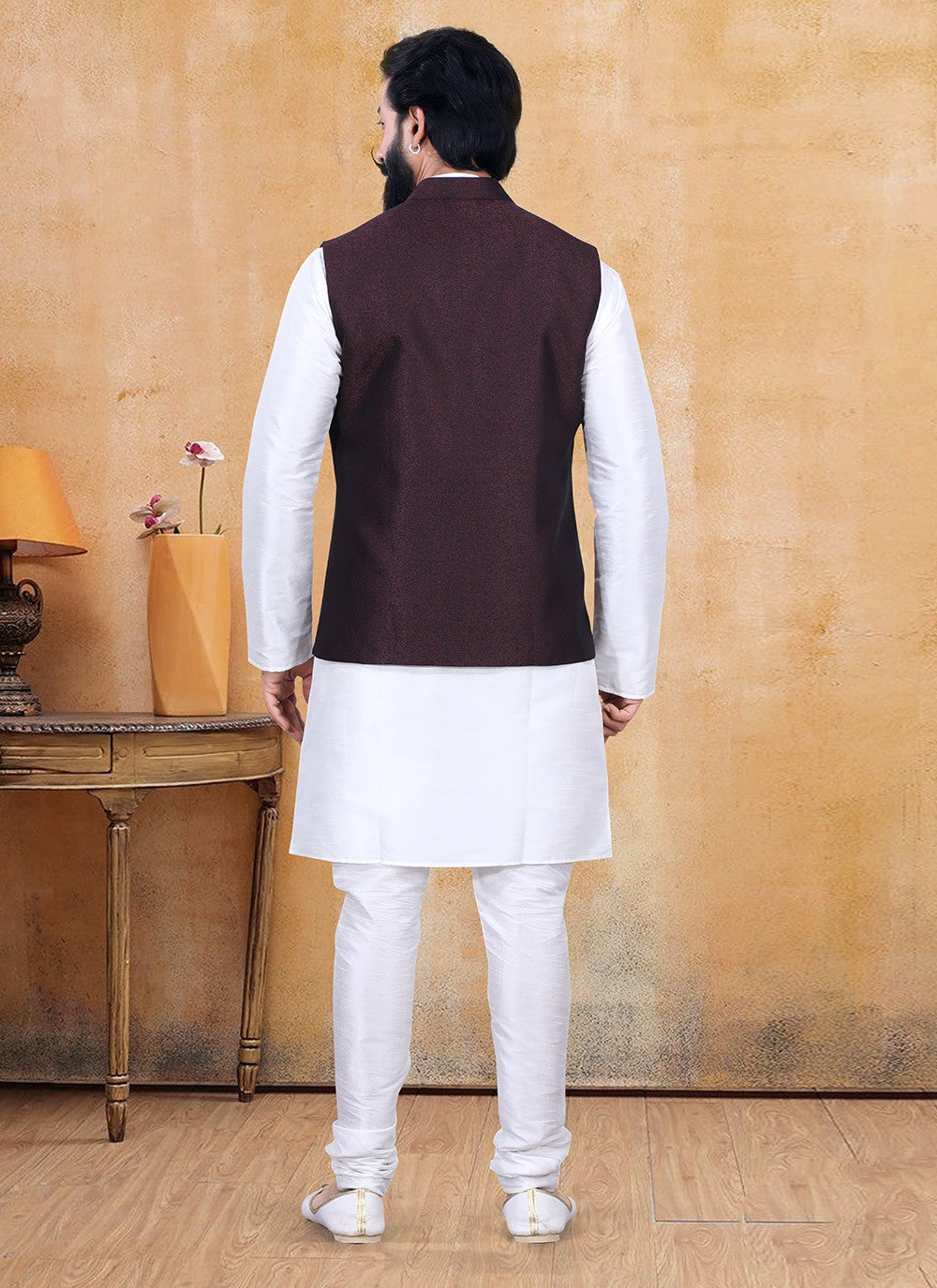 Fancy Work Fancy Fabric Off White, Wine Kurta Payjama With Jacket - M3352