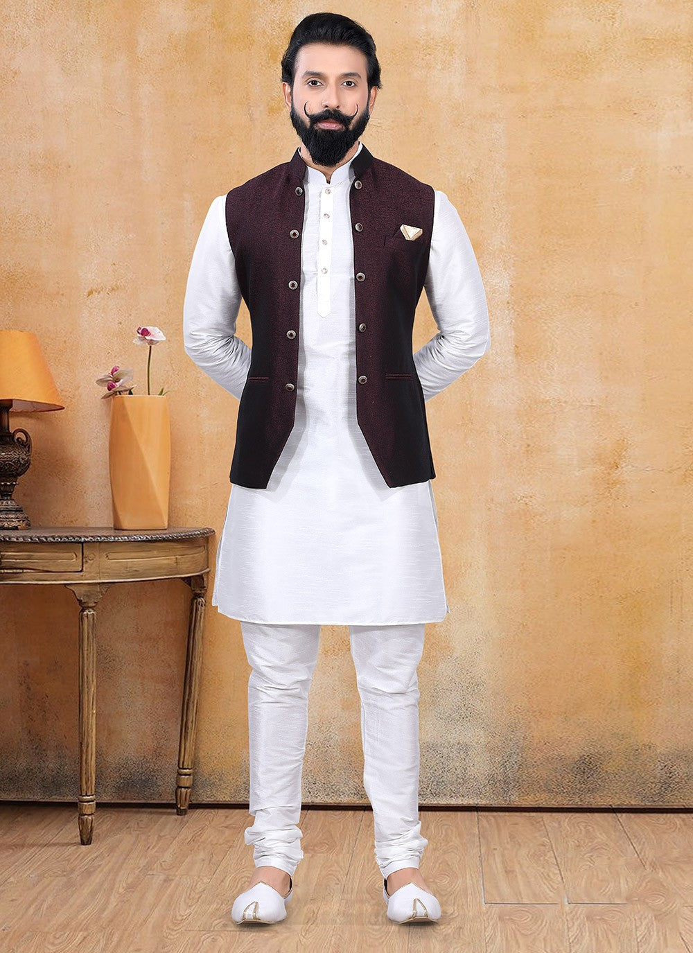 Fancy Work Fancy Fabric Off White, Wine Kurta Payjama With Jacket - M3352