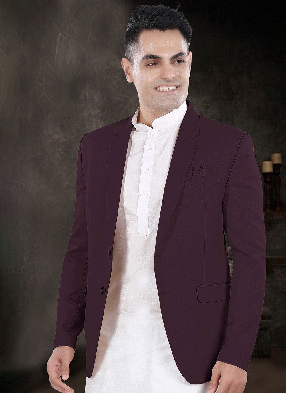 Plain Silk, Viscose Off White, Wine Kurta Payjama With Jacket - M8180