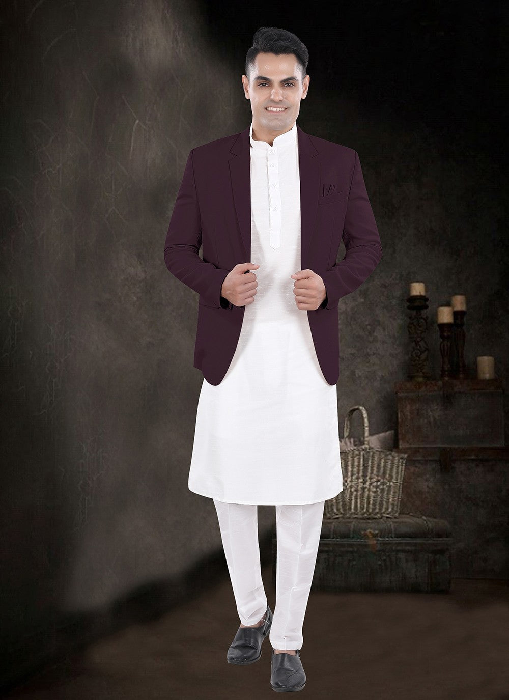 Plain Silk, Viscose Off White, Wine Kurta Payjama With Jacket - M8180