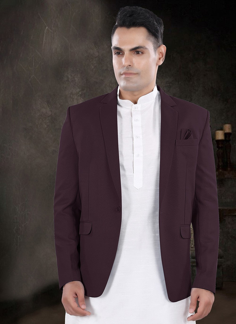 Plain Silk, Viscose Off White, Wine Kurta Payjama With Jacket - M8184