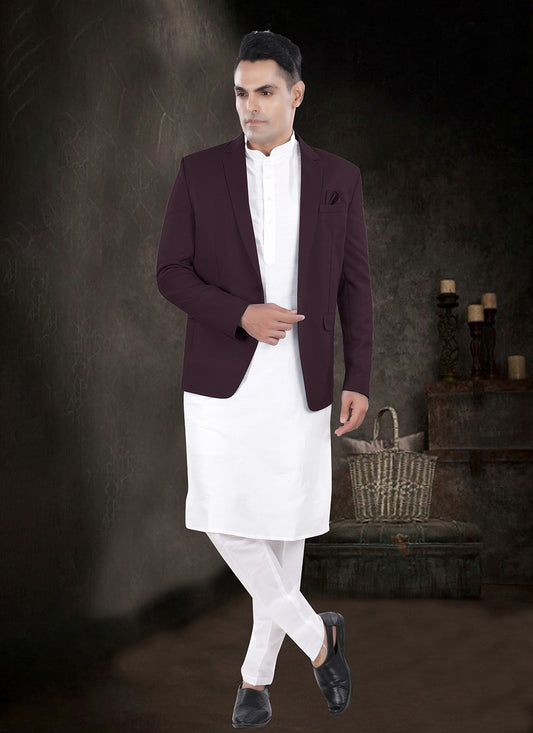 Plain Silk, Viscose Off White, Wine Kurta Payjama With Jacket - M8184