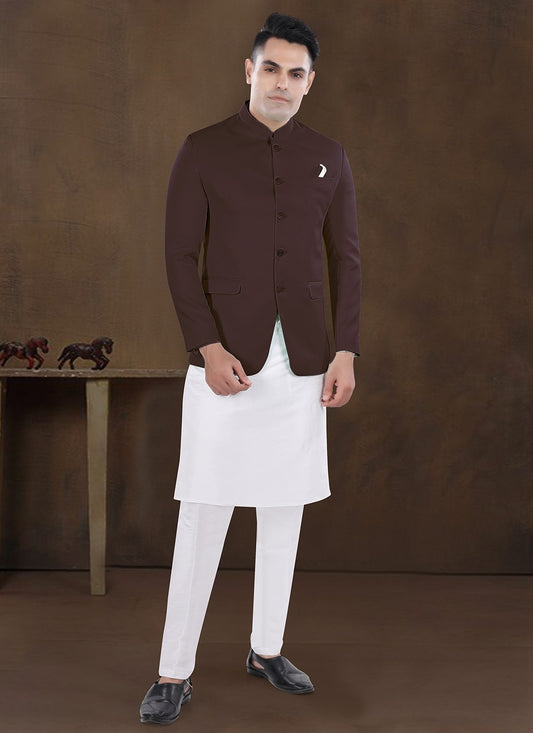 Plain Silk, Viscose Off White, Wine Kurta Payjama With Jacket - M8216