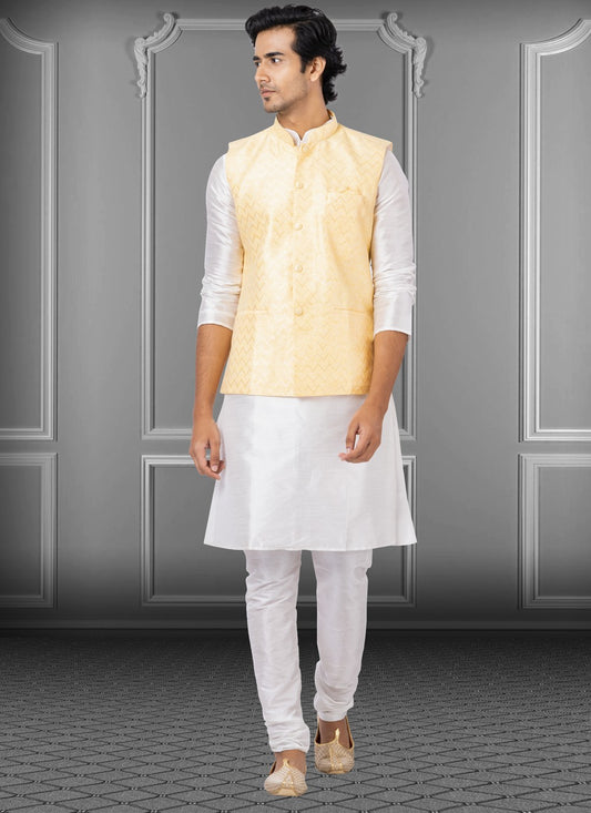 Fancy Work Dupion Silk, Linen Off White, Yellow Kurta Payjama With Jacket - M3773