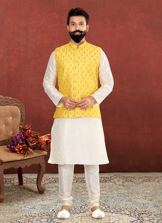 Jacquard Work Cotton Off White, Yellow Kurta Payjama With Jacket - M2562