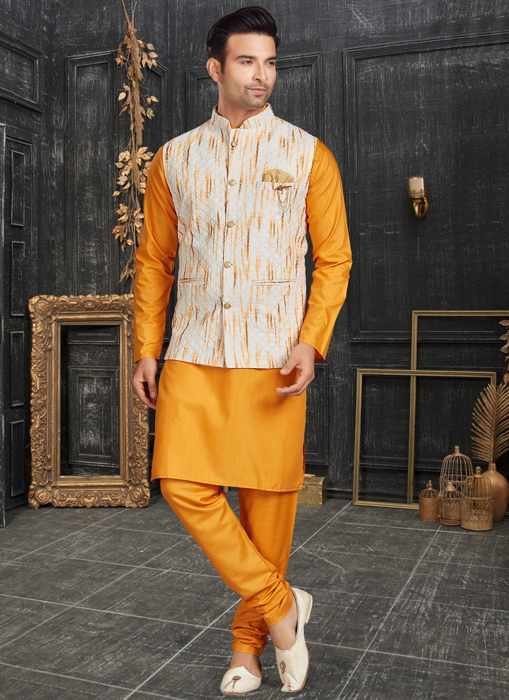 Chicken Cotton Off White, Yellow Kurta Payjama With Jacket - M4623