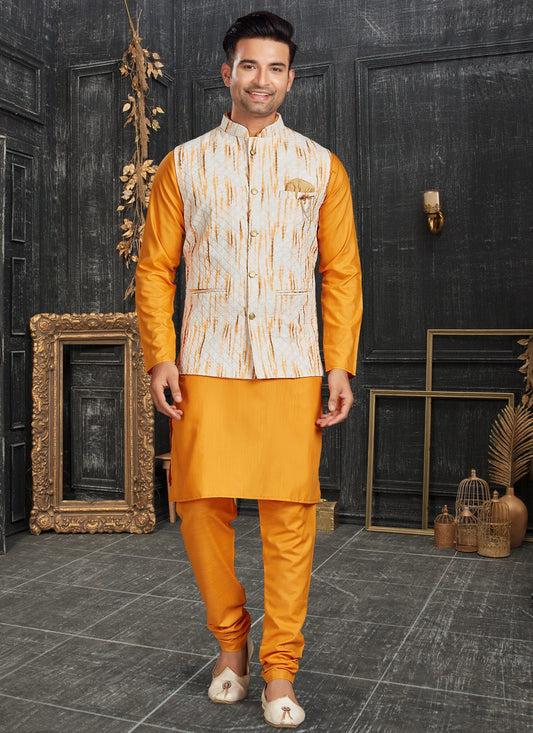 Chicken Cotton Off White, Yellow Kurta Payjama With Jacket - M4623