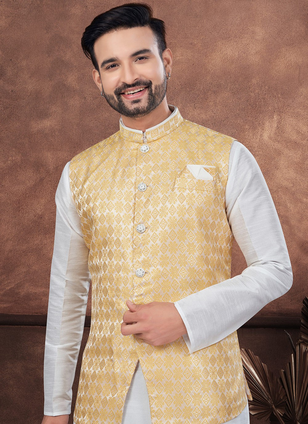 Buttons Banarasi Jacquard, Dupion Silk Off White, Yellow Kurta Payjama With Jacket - M8663