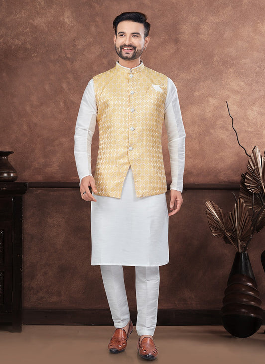 Buttons Banarasi Jacquard, Dupion Silk Off White, Yellow Kurta Payjama With Jacket - M8663