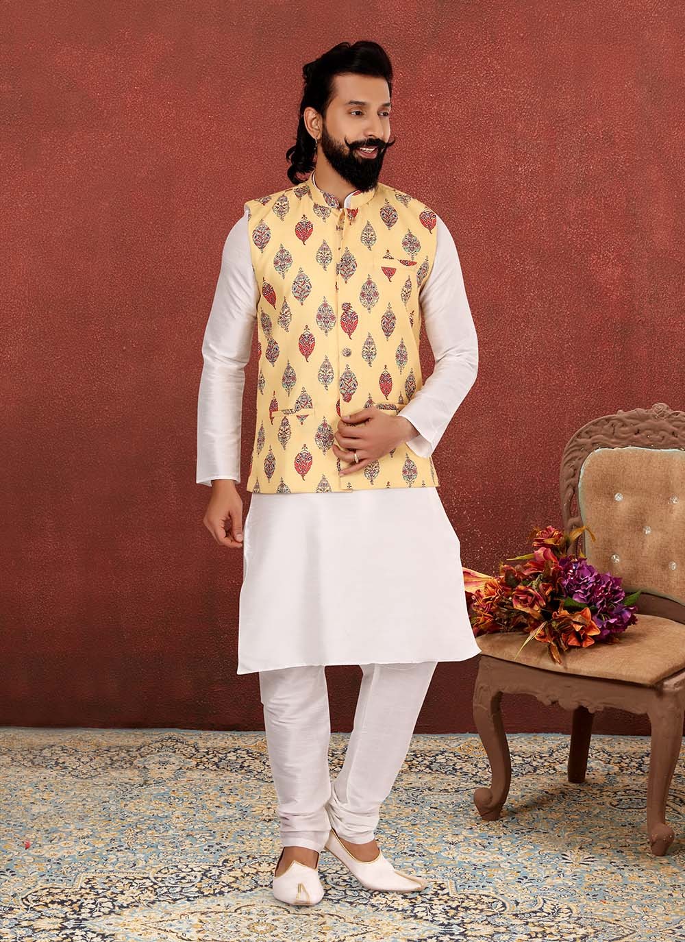 Jacquard Work Cotton , Dupion Silk Off White, Yellow Kurta Payjama With Jacket - M2546