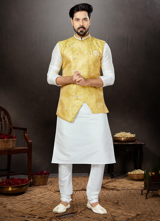 Embroidered Banarasi Jacquard, Dupion Silk Off White, Yellow Kurta Payjama With Jacket - M4771