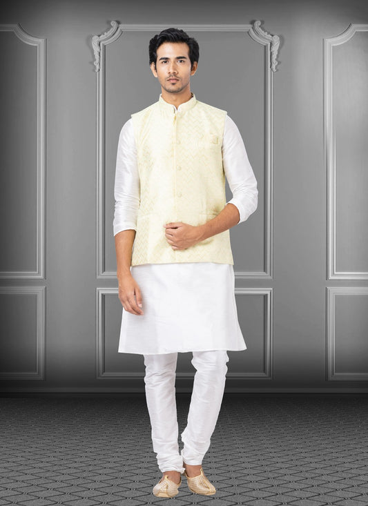 Fancy Work Dupion Silk Off White, Yellow Kurta Payjama With Jacket - M3787