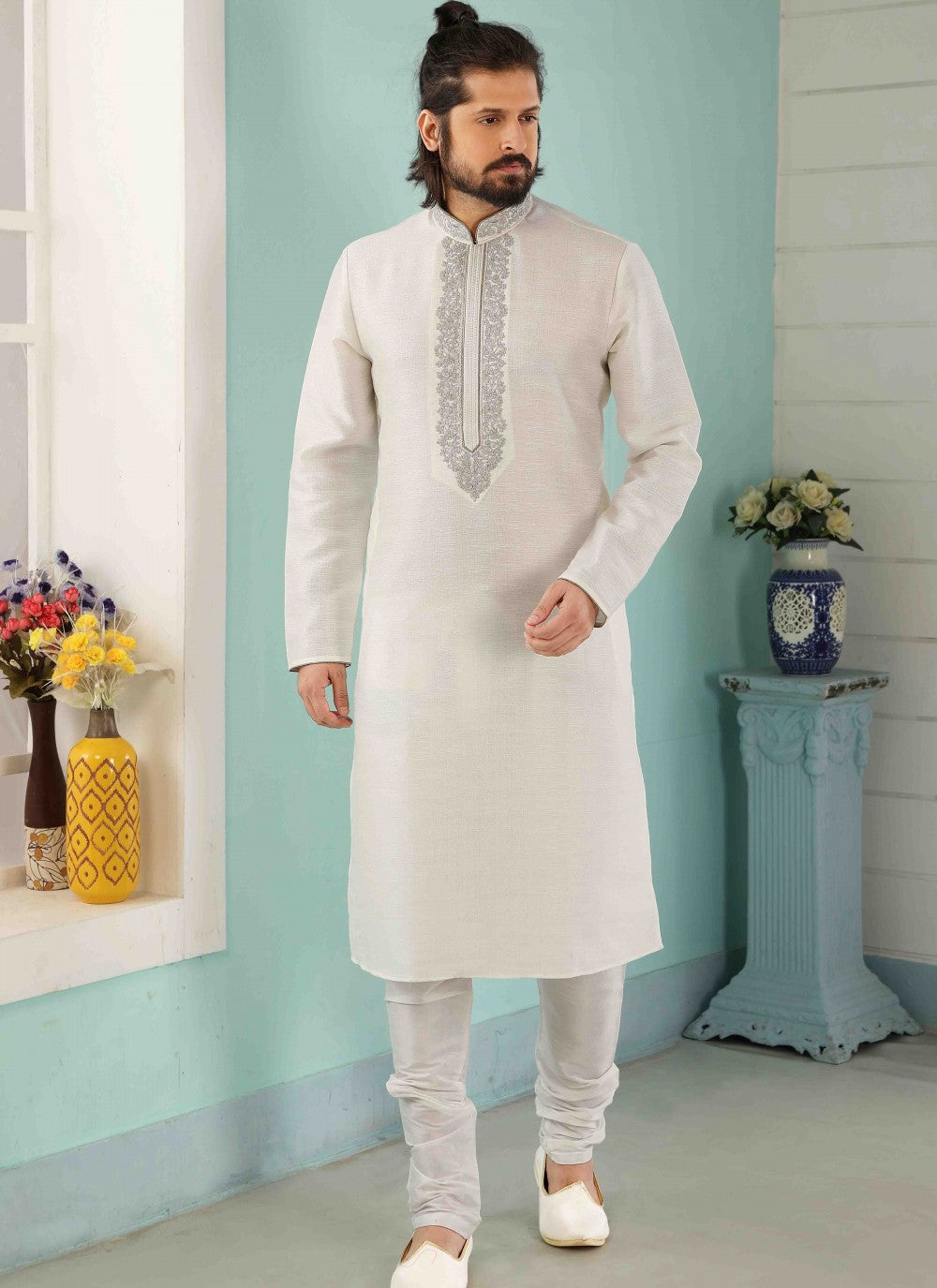 Embroidered Banarasi Silk Off White Kurta Pyjama - M1790