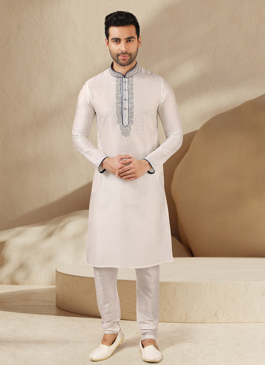 Embroidered Banarasi Silk Off White Kurta Pyjama - M3228