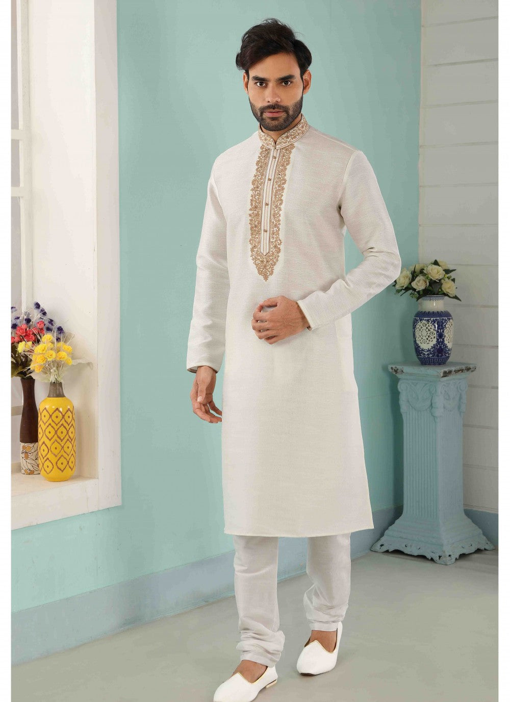 Embroidered Banarasi Silk Off White Kurta Pyjama - M1789