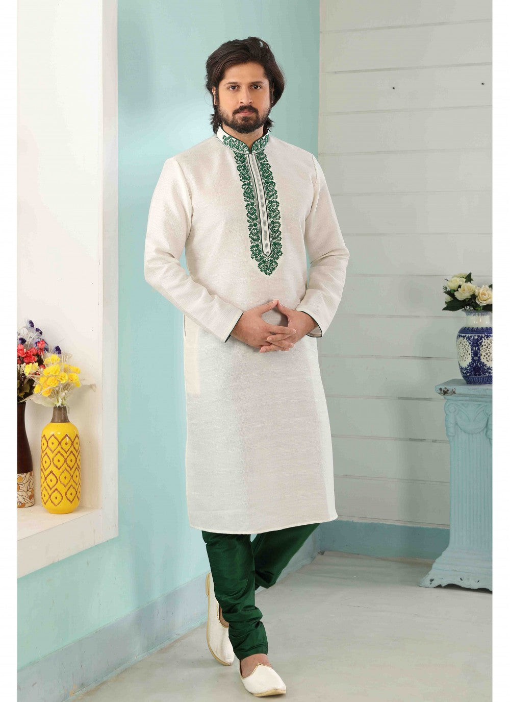 Embroidered Banarasi Silk Off White Kurta Pyjama - M1792