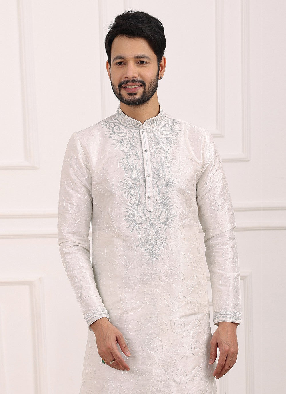 Thread Banarasi Silk Off White Kurta Pyjama - M6121