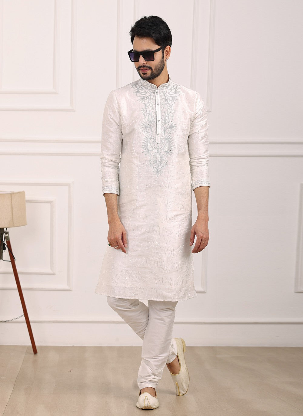 Thread Banarasi Silk Off White Kurta Pyjama - M6121