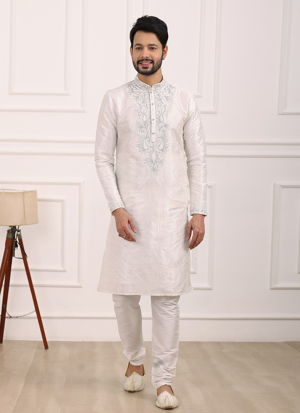 Thread Banarasi Silk Off White Kurta Pyjama - M6121