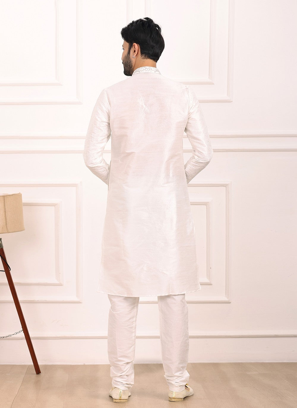 Thread Banarasi Silk Off White Kurta Pyjama - M6121