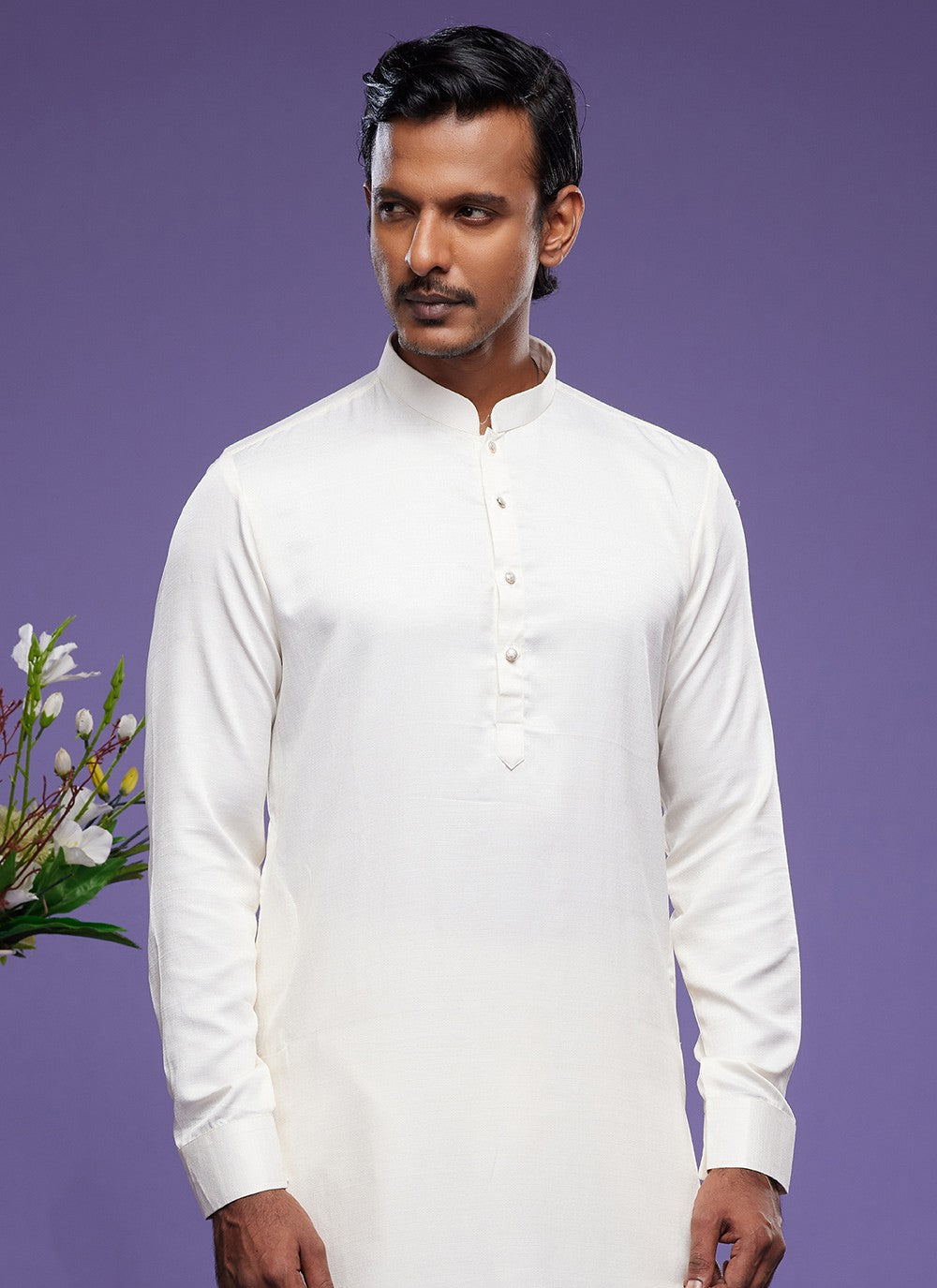 Thread Banarasi Silk Off White Kurta Pyjama - M6047