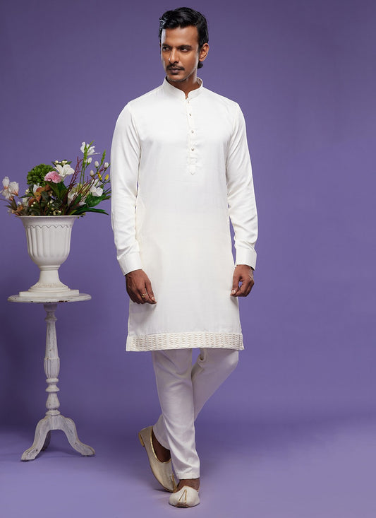 Thread Banarasi Silk Off White Kurta Pyjama - M6047